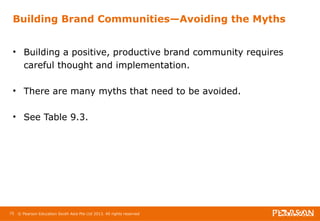 Building Brand Communities—Avoiding the Myths 
• Building a positive, productive brand community requires 
careful thought and implementation. 
• There are many myths that need to be avoided. 
• See Table 9.3. 
75 © Pearson Education South Asia Pte Ltd 2013. All rights reserved 
 