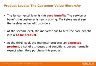 Product Levels: The Customer Value Hierarchy 
• The fundamental level is the core benefit: The service or 
benefit the customer is really buying. Marketers must see 
themselves as benefit providers. 
• At the second level, the marketer has to turn the core benefit 
into a basic product. 
• At the third level, the marketer prepares an expected 
product, a set of attributes and conditions buyers normally 
expect when they purchase this product. 
10 © Pearson Education South Asia Pte Ltd 2013. All rights reserved 
 
