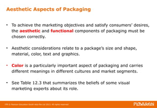 Aesthetic Aspects of Packaging 
• To achieve the marketing objectives and satisfy consumers’ desires, 
the aesthetic and functional components of packaging must be 
chosen correctly. 
• Aesthetic considerations relate to a package’s size and shape, 
material, color, text and graphics. 
• Color is a particularly important aspect of packaging and carries 
different meanings in different cultures and market segments. 
• See Table 12.3 that summarizes the beliefs of some visual 
marketing experts about its role. 
106 © Pearson Education South Asia Pte Ltd 2013. All rights reserved 
 