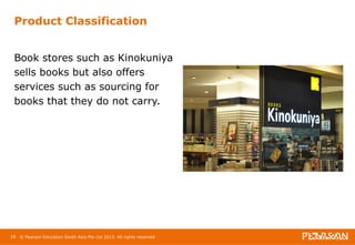 Product Classification 
Book stores such as Kinokuniya 
sells books but also offers 
services such as sourcing for 
books that they do not carry. 
18 © Pearson Education South Asia Pte Ltd 2013. All rights reserved 
 