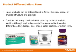 Product Differentiation: Form 
• Many products can be differentiated in form—the size, shape, or 
physical structure of a product. 
• Consider the many possible forms taken by products such as 
aspirin. Although aspirin is essentially a commodity, it can be 
differentiated by dosage, size, shape, color, coating, or action time. 
28 © Pearson Education South Asia Pte Ltd 2013. All rights reserved 
 