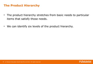 The Product Hierarchy 
• The product hierarchy stretches from basic needs to particular 
items that satisfy those needs. 
• We can identify six levels of the product hierarchy. 
52 © Pearson Education South Asia Pte Ltd 2013. All rights reserved 
 