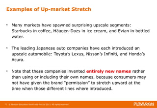 Examples of Up-market Stretch 
• Many markets have spawned surprising upscale segments: 
Starbucks in coffee, Häagen-Dazs in ice cream, and Evian in bottled 
water. 
• The leading Japanese auto companies have each introduced an 
upscale automobile: Toyota’s Lexus, Nissan’s Infiniti, and Honda’s 
Acura. 
• Note that these companies invented entirely new names rather 
than using or including their own names, because consumers may 
not have given the brand “permission” to stretch upward at the 
time when those different lines where introduced. 
71 © Pearson Education South Asia Pte Ltd 2013. All rights reserved 
 
