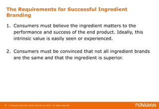 The Requirements for Successful Ingredient 
Branding 
1. Consumers must believe the ingredient matters to the 
performance and success of the end product. Ideally, this 
intrinsic value is easily seen or experienced. 
2. Consumers must be convinced that not all ingredient brands 
are the same and that the ingredient is superior. 
95 © Pearson Education South Asia Pte Ltd 2013. All rights reserved 
 