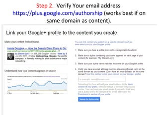 Step 2. Verify Your email address
https://plus.google.com/authorship (works best if on
same domain as content).
 