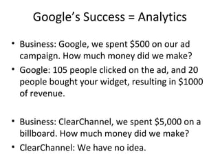 Google’s Success = Analytics
• Business: Google, we spent $500 on our ad
campaign. How much money did we make?
• Google: 105 people clicked on the ad, and 20
people bought your widget, resulting in $1000
of revenue.
• Business: ClearChannel, we spent $5,000 on a
billboard. How much money did we make?
• ClearChannel: We have no idea.
 