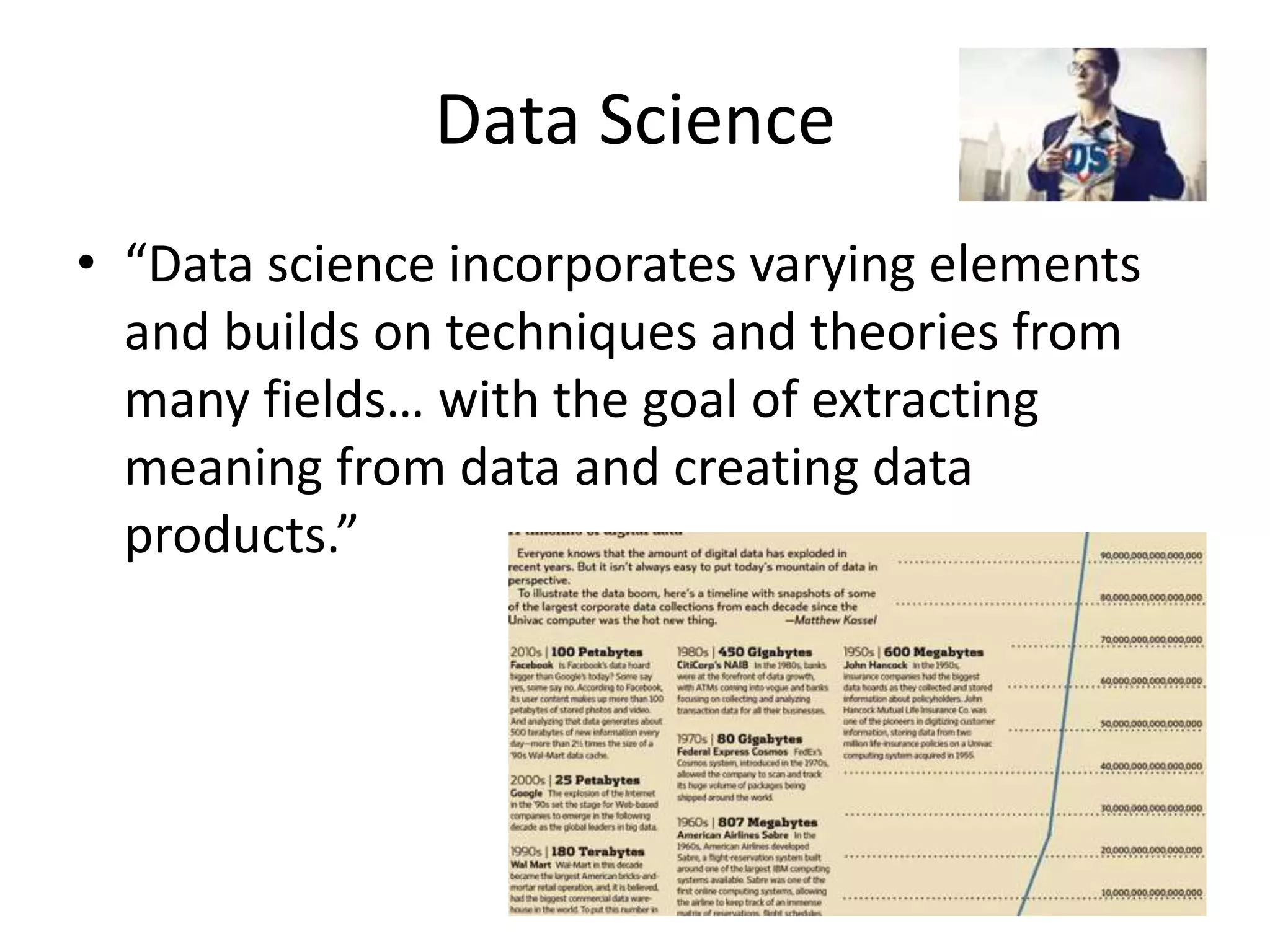 Data Science
• “Data science incorporates varying elements
and builds on techniques and theories from
many fields… with the goal of extracting
meaning from data and creating data
products.”
 
