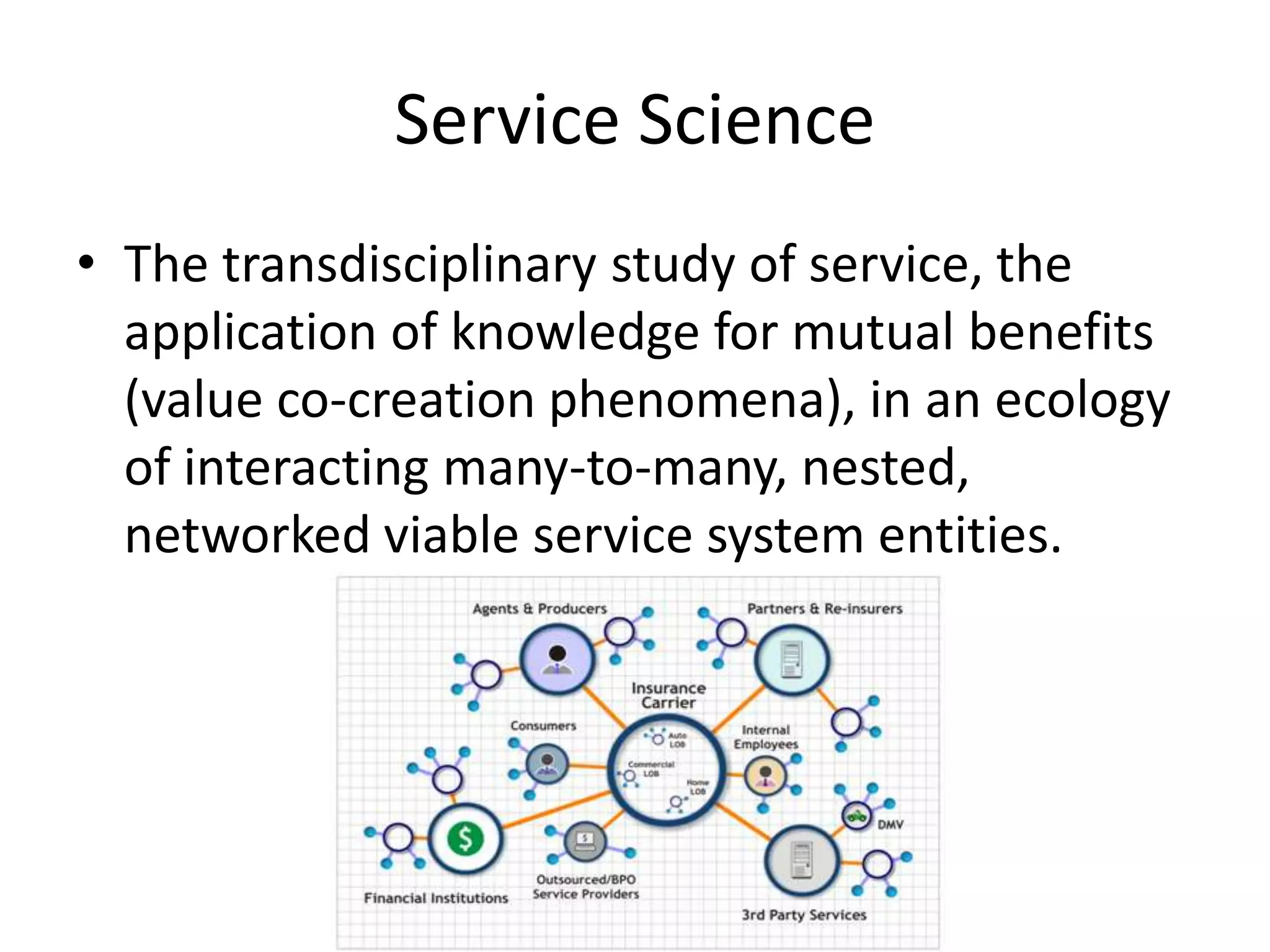 Service Science
• The transdisciplinary study of service, the
application of knowledge for mutual benefits
(value co-creation phenomena), in an ecology
of interacting many-to-many, nested,
networked viable service system entities.
 