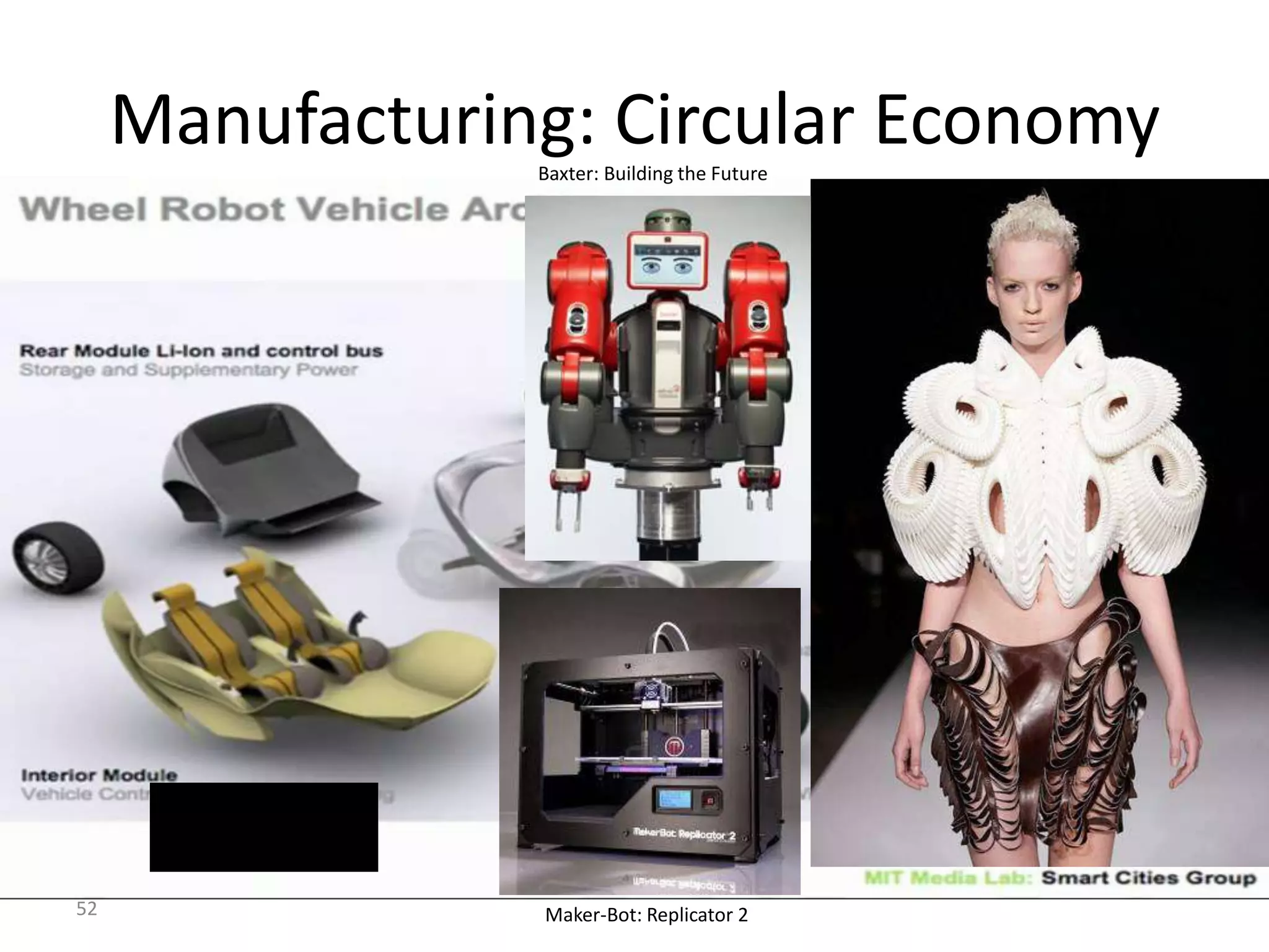 52
Manufacturing: Circular Economy
Ryan Chin:
Urban Mobility
Baxter: Building the Future
Maker-Bot: Replicator 2
 
