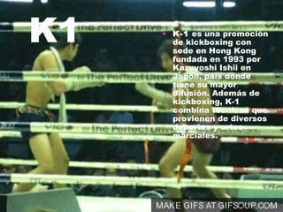 K1   • K-1 es una promoción
       de kickboxing con
       sede en Hong Kong
       fundada en 1993 por
       Kazuyoshi Ishii en
       Japón, país donde
       tiene su mayor
       difusión. Además de
       kickboxing, K-1
       combina técnicas que
       provienen de diversos
       deportes y artes
       marciales.
 
