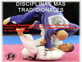 DISCIPLINAS MAS
          TRADICIONALES

• Jiu-Jitsu Brasileño : Entre su arsenal se encuentran
  técnicas de rendición, luxación, estrangulaciones, además
  de inmovilizaciones.
 