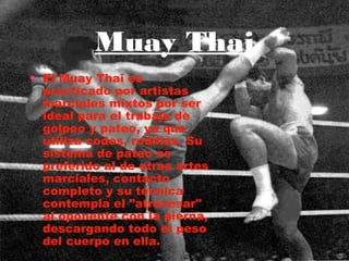 Muay Thai
• El Muay Thai es
  practicado por artistas
  marciales mixtos por ser
  ideal para el trabajo de
  golpeo y pateo, ya que
  utiliza codos, rodillas. Su
  sistema de pateo es
  preferido al de otras artes
  marciales, contacto
  completo y su técnica
  contempla el "atravesar"
  al oponente con la pierna,
  descargando todo el peso
  del cuerpo en ella.
 