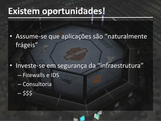 Existem oportunidades!

• Assume-se que aplicações são “naturalmente
  frágeis”

• Investe-se em segurança da “infraestrutura”
  – Firewalls e IDS
  – Consultoria
  – $$$
 