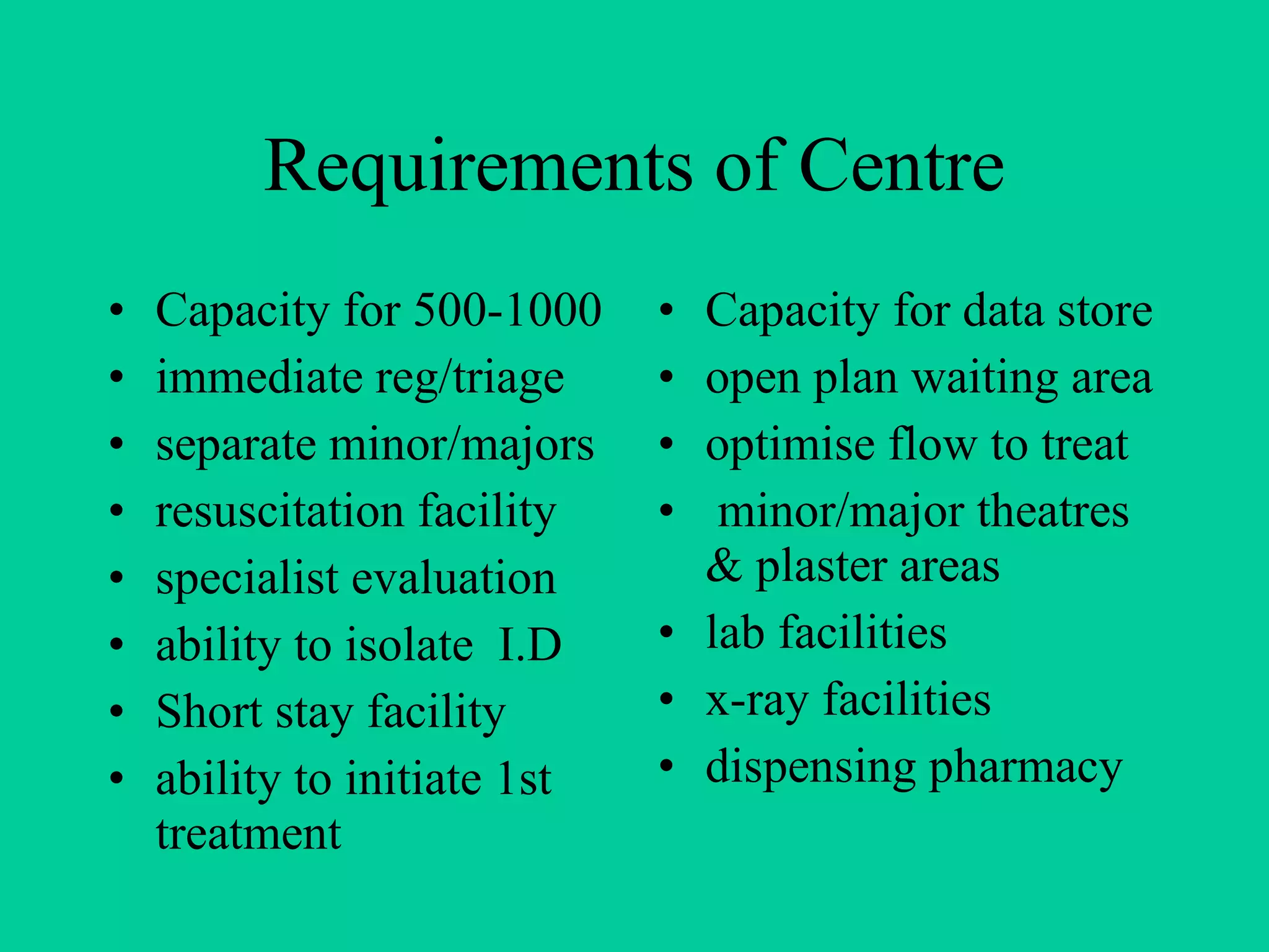 Requirements of Centre Capacity for 500-1000 immediate reg/triage separate minor/majors resuscitation facility specialist evaluation ability to isolate  I.D Short stay facility  ability to initiate 1st treatment Capacity for data store open plan waiting area optimise flow to treat minor/major theatres & plaster areas lab facilities x-ray facilities dispensing pharmacy 