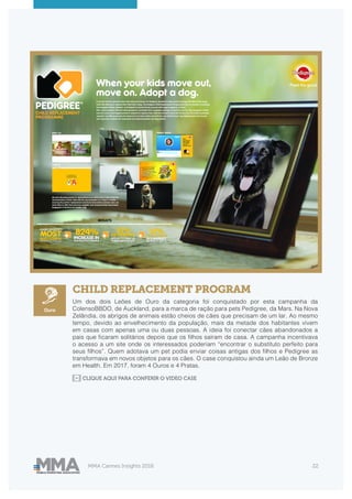 MMA Cannes Insights 2018 22
CHILD REPLACEMENT PROGRAM
Um dos dois Leões de Ouro da categoria foi conquistado por esta campanha da
ColensoBBDO, de Auckland, para a marca de ração para pets Pedigree, da Mars. Na Nova
Zelândia, os abrigos de animais estão cheios de cães que precisam de um lar. Ao mesmo
tempo, devido ao envelhecimento da população, mais da metade dos habitantes vivem
em casas com apenas uma ou duas pessoas. A ideia foi conectar cães abandonados a
pais que ficaram solitários depois que os filhos saíram de casa. A campanha incentivava
o acesso a um site onde os interessados poderiam “encontrar o substituto perfeito para
seus filhos”. Quem adotava um pet podia enviar coisas antigas dos filhos e Pedigree as
transformava em novos objetos para os cães. O case conquistou ainda um Leão de Bronze
em Health. Em 2017, foram 4 Ouros e 4 Pratas.
CLIQUE AQUI PARA CONFERIR O VIDEO CASE
Ouro
 