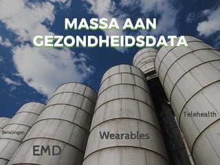 MASSA AAN
GEZONDHEIDSDATA
EMD
MASSA AAN
GEZONDHEIDSDATA
Wearables
Telehealth
Betalingen
 