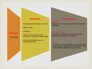 
Duración
3 semanas
Materiales:
• Computadora con acceso a internet.
• Office ( word).
• Impresora.
• Tener a la mano lápiz, pluma,
borrador y hojas para hacer notas.
• Acervo de la Biblioteca de la
Escuela y de Aula.
Organización:
Individual:
Redacción de la monografía y demás actividades
señaladas.
En pequeños grupos:
Corrección y verificación del primer borrador.
Sugerencias y registros de avances.
Grupal:
• El trabajo se hará en plenaria y será presencial
para expresar opiniones y conclusiones de las
diferentes actividades durante el proceso.
 