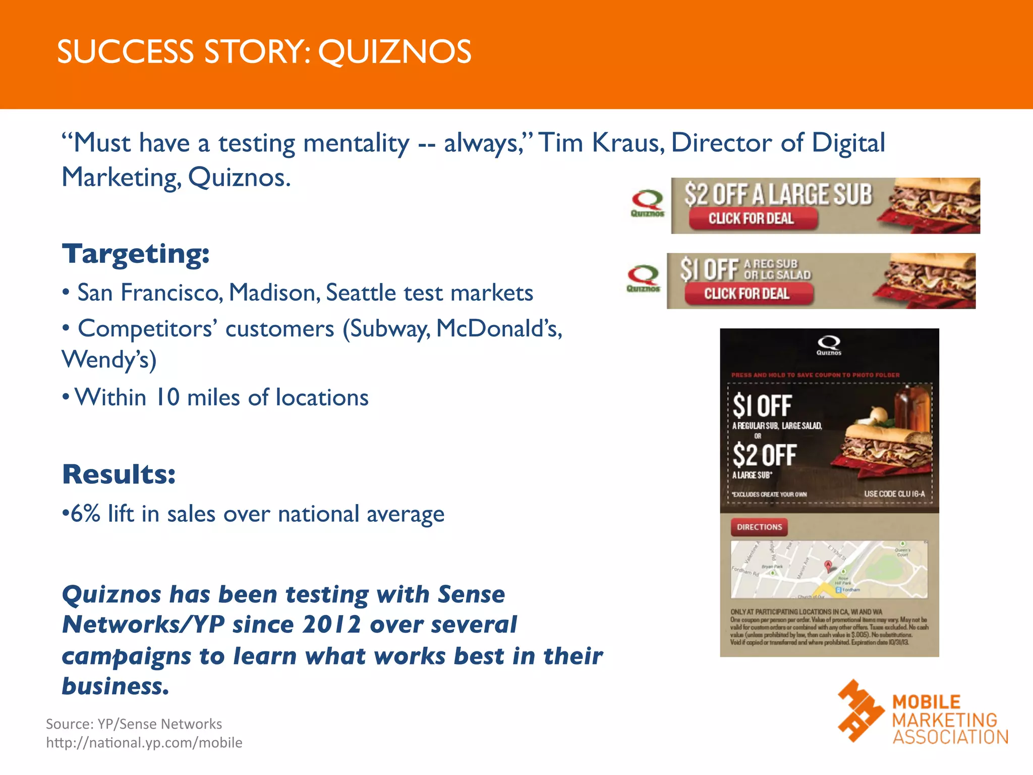 SUCCESS STORY: QUIZNOS	

“Must have a testing mentality -- always,” Tim Kraus, Director of Digital
Marketing, Quiznos.	

	

Quiznos has been testing with Sense
Networks/YP since 2012 over several
campaigns to learn what works best in their
business.	

Targeting:	

• San Francisco, Madison, Seattle test markets	

• Competitors’ customers (Subway, McDonald’s,
Wendy’s)	

• Within 10 miles of locations	

	

Results:	

• 6% lift in sales over national average	

Source:	
  YP/Sense	
  Networks	
  
hJp://naOonal.yp.com/mobile	
  
 