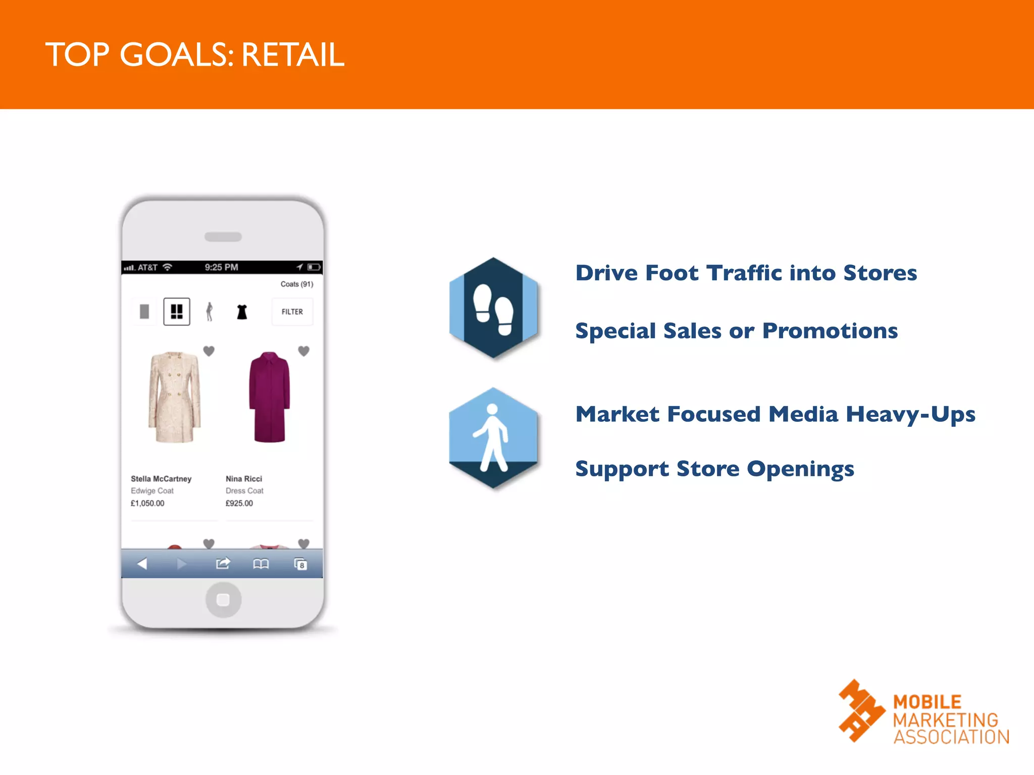 Drive Foot Trafﬁc into Stores	

Special Sales or Promotions	

	

Market Focused Media Heavy-Ups	

	

Support Store Openings 	

	

TOP GOALS: RETAIL	

 