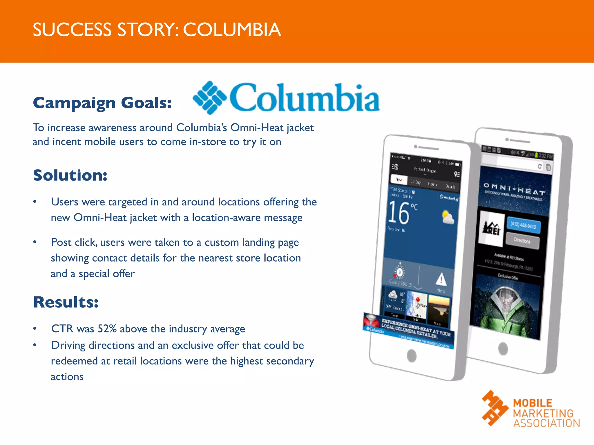 SUCCESS STORY: COLUMBIA	

Campaign Goals:	

To increase awareness around Columbia’s Omni-Heat jacket
and incent mobile users to come in-store to try it on	

	

Solution:	

•  Users were targeted in and around locations offering the
new Omni-Heat jacket with a location-aware message	

•  Post click, users were taken to a custom landing page
showing contact details for the nearest store location
and a special offer	

Results:	

•  CTR was 52% above the industry average	

•  Driving directions and an exclusive offer that could be
redeemed at retail locations were the highest secondary
actions	

	

 