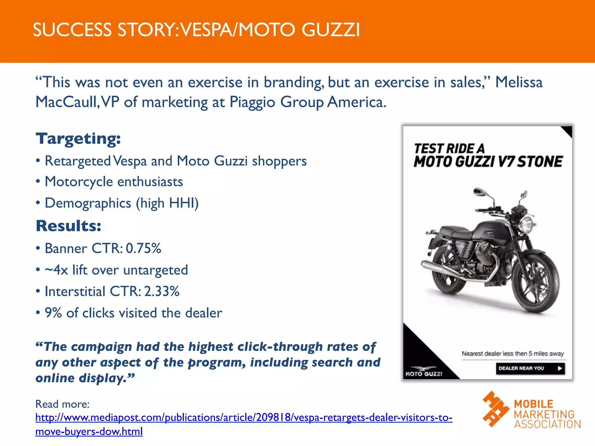 Targeting:	

• RetargetedVespa and Moto Guzzi shoppers	

• Motorcycle enthusiasts	

• Demographics (high HHI)	

Results:	

• Banner CTR: 0.75%	

• ~4x lift over untargeted	

• Interstitial CTR: 2.33%	

• 9% of clicks visited the dealer	

SUCCESS STORY:VESPA/MOTO GUZZI	

“This was not even an exercise in branding, but an exercise in sales,” Melissa
MacCaull,VP of marketing at Piaggio Group America.	

“The campaign had the highest click-through rates of
any other aspect of the program, including search and
online display.” 	

	

Read more:
http://www.mediapost.com/publications/article/209818/vespa-retargets-dealer-visitors-to-
move-buyers-dow.html	

 