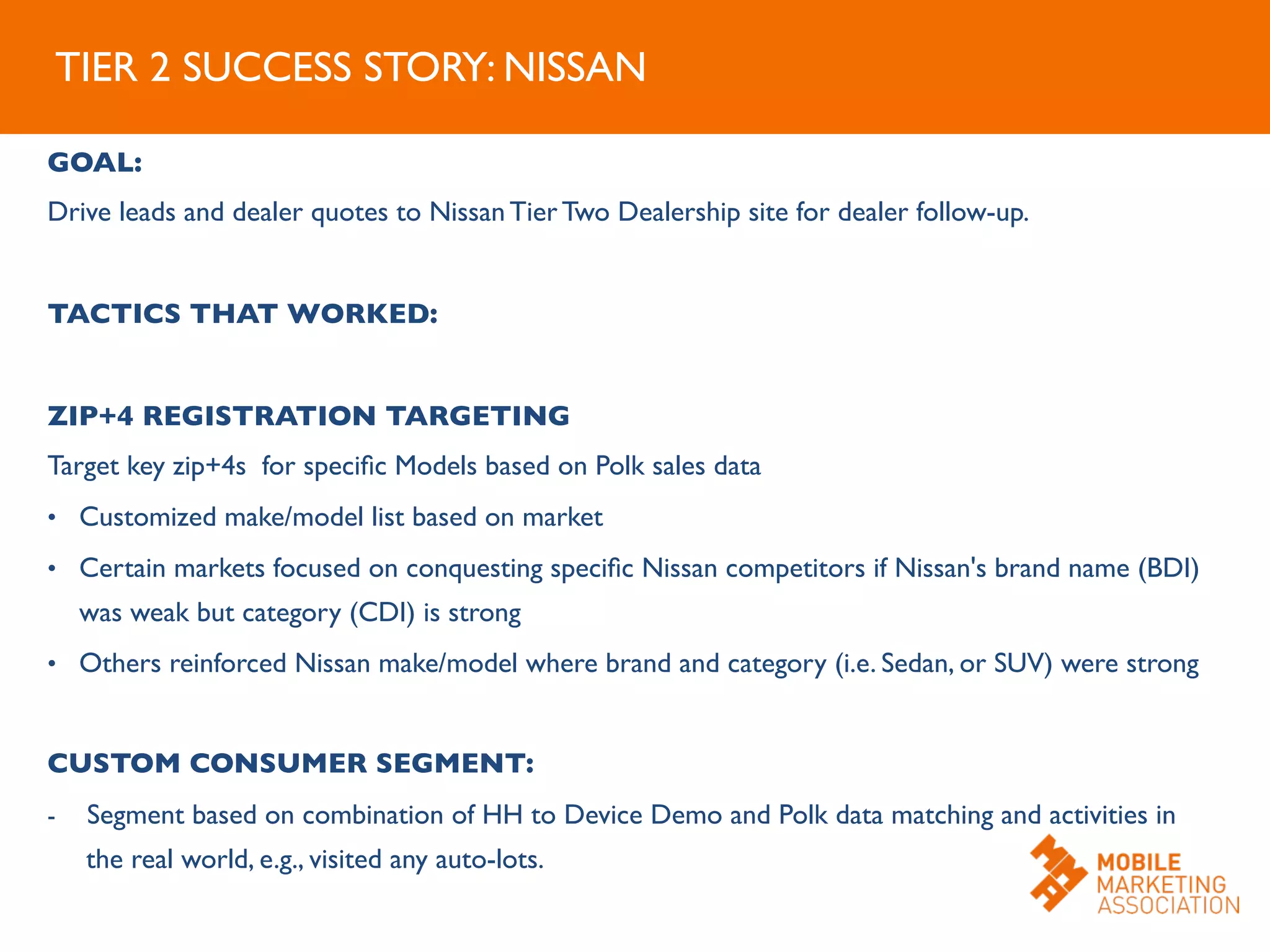 GOAL:	

Drive leads and dealer quotes to Nissan Tier Two Dealership site for dealer follow-up.	

	

TACTICS THAT WORKED:	

	

ZIP+4 REGISTRATION TARGETING	

Target key zip+4s for speciﬁc Models based on Polk sales data	

•  Customized make/model list based on market 	

•  Certain markets focused on conquesting speciﬁc Nissan competitors if Nissan's brand name (BDI)
was weak but category (CDI) is strong	

•  Others reinforced Nissan make/model where brand and category (i.e. Sedan, or SUV) were strong	

	

CUSTOM CONSUMER SEGMENT:	

-  Segment based on combination of HH to Device Demo and Polk data matching and activities in
the real world, e.g., visited any auto-lots.	

TIER 2 SUCCESS STORY: NISSAN	

 