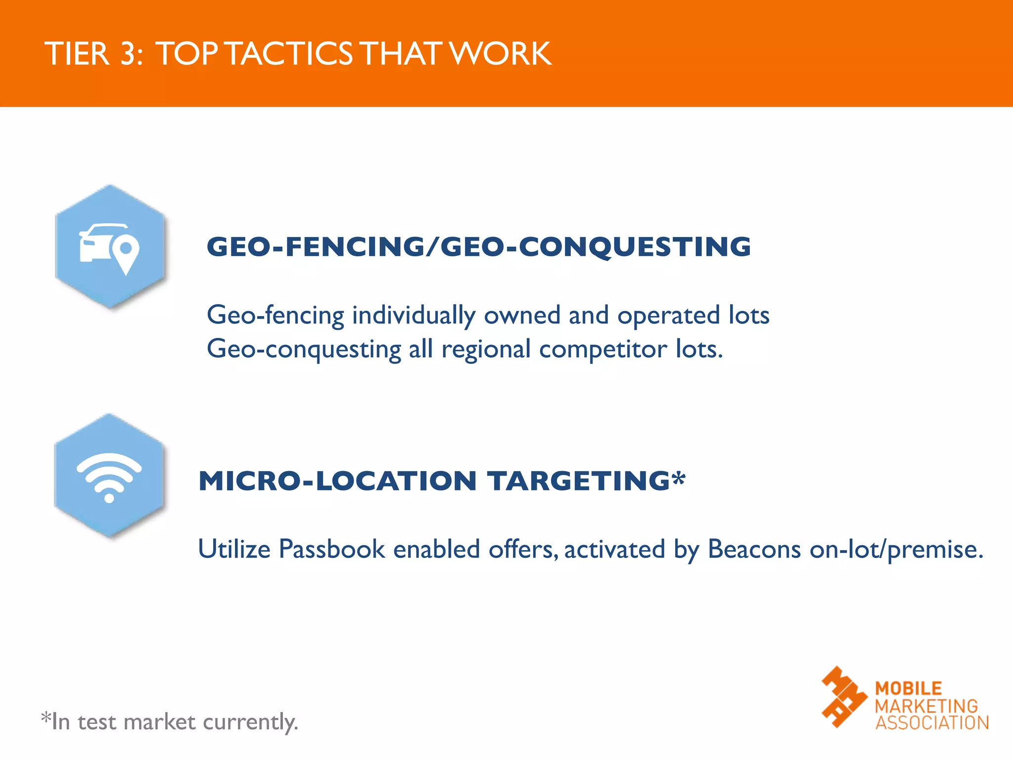 MICRO-LOCATION TARGETING*	

	

Utilize Passbook enabled offers, activated by Beacons on-lot/premise.	

GEO-FENCING/GEO-CONQUESTING	

	

Geo-fencing individually owned and operated lots	

Geo-conquesting all regional competitor lots.	

	

TIER 3: TOP TACTICS THAT WORK	

*In test market currently.	

 