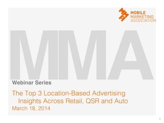 March 18, 2014!
The Top 3 Location-Based Advertising
Insights Across Retail, QSR and Auto!
1	
  
M!A!M!Webinar Series!
 