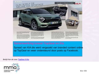 Samenwerking tussen TopGear en Kia
Bron: VDS
Spread van KIA die werd vergezeld van branded content online
op TopGear en we...