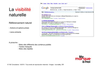 La  visibilité   naturelle Référencement naturel - Actions et options prises Liens entrants A proscrire :  - Mots clés différents des contenus publiés - Textes masqués - Mots clés répétés © TdE Consultants - 5/2010 - Tous droits de reproduction réservés - Images : Iconvalley, DR 