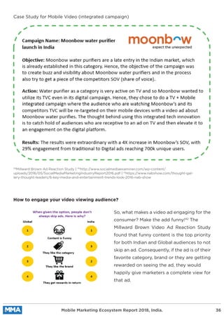 So, what makes a video ad engaging for the
consumer? Make the add funny!42
The
Millward Brown Video Ad Reaction Study
found that funny content is the top priority
for both Indian and Global audiences to not
skip an ad. Consequently, if the ad is of their
favorite category, brand or they are getting
rewarded on seeing the ad, they would
happily give marketers a complete view for
that ad.
Case Study for Mobile Video (integrated campaign)
39
Millward Brown Ad Reaction Study | 40
http://www.socialmediaexaminer.com/wp-content/
uploads/2016/05/SocialMediaMarketingIndustryReport2016.pdf | 41
https://www.nabshow.com/thought-gal-
lery-thought-leaders/6-key-media-and-entertainment-trends-look-2016-nab-show
How to engage your video viewing audience?
Mobile Marketing Ecosystem Report 2018, India. 36
 