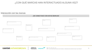 Base:  133  /  129  /  123  /  118
Q.54  -­ ¿Con  cuál  de  estas  marcas  has  conectado  o  interactuado  para  entender  mejor  lo  que  ofrecían?
51
Interacción  con  las  marcas
¡HE  CONECTADO  CON  ESTAS  MARCAS!
¿CON  QUÉ  MARCAS  HAN  INTERACTUADO  ALGUNA  VEZ?
 