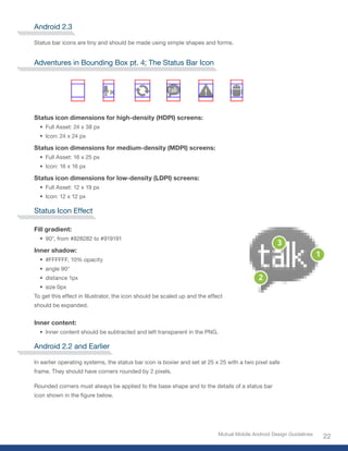 Android 2.3

Status bar icons are tiny and should be made using simple shapes and forms.


Adventures in Bounding Box pt. 4; The Status Bar Icon




Status icon dimensions for high-density (HDPI) screens:
  • Full Asset: 24 x 38 px
  • Icon: 24 x 24 px

Status icon dimensions for medium-density (MDPI) screens:
  • Full Asset: 16 x 25 px
  • Icon: 16 x 16 px

Status icon dimensions for low-density (LDPI) screens:
  • Full Asset: 12 x 19 px
  • Icon: 12 x 12 px

Status Icon Effect

Fill gradient:
  • 90°, from #828282 to #919191

Inner shadow:
  • #FFFFFF, 10% opacity
  • angle 90°
  • distance 1px
  • size 0px
To get this effect in Illustrator, the icon should be scaled up and the effect
should be expanded.


Inner content:
  • Inner content should be subtracted and left transparent in the PNG.

Android 2.2 and Earlier

In earlier operating systems, the status bar icon is boxier and set at 25 x 25 with a two pixel safe
frame. They should have corners rounded by 2 pixels.

Rounded corners must always be applied to the base shape and to the details of a status bar
icon shown in the figure below.




                                                                            Mutual Mobile Android Design Guidelines
                                                                                                                      22
 
