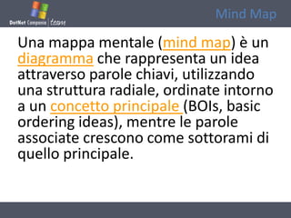Mind Map

Una mappa mentale (mind map) è un
diagramma che rappresenta un idea
attraverso parole chiavi, utilizzando
una struttura radiale, ordinate intorno
a un concetto principale (BOIs, basic
ordering ideas), mentre le parole
associate crescono come sottorami di
quello principale.
 