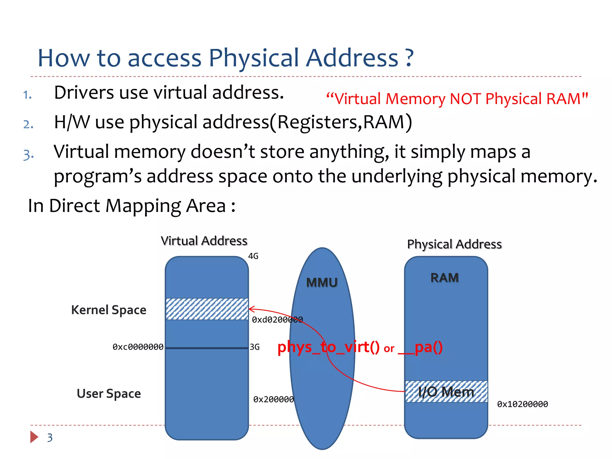 How to access Physical Address ?
3
1. Drivers use virtual address.
2. H/W use physical address(Registers,RAM)
3. Virtual memory doesn’t store anything, it simply maps a
program’s address space onto the underlying physical memory.
In Direct Mapping Area :
Virtual Address Physical Address
Kernel Space
User Space
MMU
I/O Mem
phys_to_virt() or __pa()
0x10200000
0xd0200000
0x200000
RAM
0xc0000000 3G
4G
“Virtual Memory NOT Physical RAM"
 