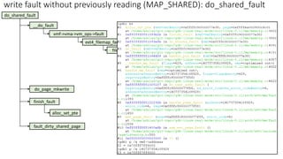 write fault without previously reading (MAP_SHARED): do_shared_fault
do_shared_fault
__do_fault
vmf->vma->vm_ops->fault
ext4_filemap_fault
filemap_fault
do_sync_mmap_readahead
finish_fault
alloc_set_pte
find_get_page
do_async_mmap_readahead
No page in page cache
page in page cache: COW
do_page_mkwrite
fault_dirty_shared_page
 