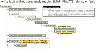 write fault without previously reading (MAP_PRIVATE): do_cow_fault
do_cow_fault
vmf->cow_page = alloc_page_vma(…)
__do_fault
vmf->vma->vm_ops->fault
ext4_filemap_fault
filemap_fault
do_sync_mmap_readahead
finish_fault
alloc_set_pte
find_get_page
do_async_mmap_readahead
No page in page cache
page in page cache
copy_user_highpage(vmf->cow_page, vmf->page, …)
1. Apply vmf->page if not a COW page
2. Apply vmf->cow_page if a COW page
Quote from `man mmap`
 