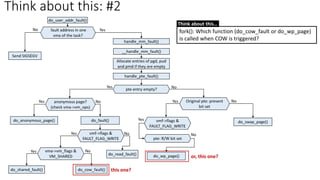 Think about this: #2
fork(): Which function (do_cow_fault or do_wp_page)
is called when COW is triggered?
Think about this…
this one?
or, this one?
 