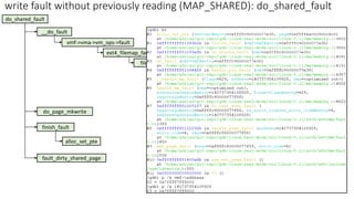 write fault without previously reading (MAP_SHARED): do_shared_fault
do_shared_fault
__do_fault
vmf->vma->vm_ops->fault
ex...