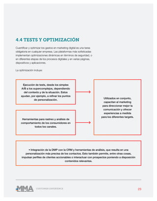 23CUSTOMER EXPERIENCE
Ejecución de tests, desde los simples
A/B a los supercomplejos, dependiendo
del contexto y de la situación. Estos
ayudan, por ejemplo, a refinar los puntos
de personalización.
Utilizados en conjunto,
capacitan al marketing
para direccionar mejor la
comunicación y ofrecer
experiencias a medida
para los diferentes targets.
Herramientas para rastreo y análisis de
comportamiento de los consumidores en
todos los canales.
• Integración de la DMP con la CRM y herramientas de análisis, que resulta en una
personalización más precisa de los contactos. Esto también permite, entre otras cosas,
impulsar perfiles de clientes accionables o interactuar con prospectos poniendo a disposición
contenidos relevantes.
4.4 TESTS Y OPTIMIZACIÓN
Cuantificar y optimizar los gastos en marketing digital es una tarea
obligatoria en cualquier empresa. Las plataformas más sofisticadas
implementan optimizaciones dinámicas en términos de seguridad, o
en diferentes etapas de los procesos digitales y en varias páginas,
dispositivos y aplicaciones.
La optimización incluye:
 