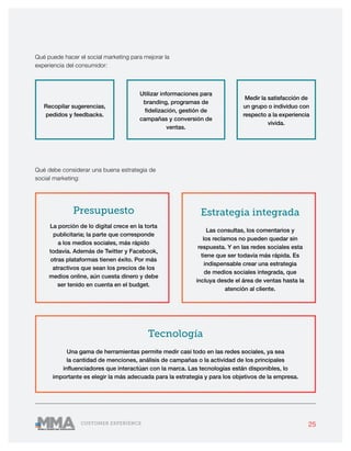 25CUSTOMER EXPERIENCE
Qué debe considerar una buena estrategia de
social marketing:
Presupuesto
La porción de lo digital crece en la torta
publicitaria; la parte que corresponde
a los medios sociales, más rápido
todavía. Además de Twitter y Facebook,
otras plataformas tienen éxito. Por más
atractivos que sean los precios de los
medios online, aún cuesta dinero y debe
ser tenido en cuenta en el budget.
Estrategia integrada
Las consultas, los comentarios y
los reclamos no pueden quedar sin
respuesta. Y en las redes sociales esta
tiene que ser todavía más rápida. Es
indispensable crear una estrategia
de medios sociales integrada, que
incluya desde el área de ventas hasta la
atención al cliente.
Tecnología
Una gama de herramientas permite medir casi todo en las redes sociales, ya sea
la cantidad de menciones, análisis de campañas o la actividad de los principales
influenciadores que interactúan con la marca. Las tecnologías están disponibles, lo
importante es elegir la más adecuada para la estrategia y para los objetivos de la empresa.
Recopilar sugerencias,
pedidos y feedbacks.
Utilizar informaciones para
branding, programas de
fidelización, gestión de
campañas y conversión de
ventas.
Medir la satisfacción de
un grupo o individuo con
respecto a la experiencia
vivida.
Qué puede hacer el social marketing para mejorar la
experiencia del consumidor:
 