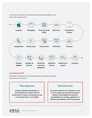 7CUSTOMER EXPERIENCE
Los puntos de contacto forman parte de la trayectoria del cliente con la
marca, del comienzo al fin:
Los pilares de CX
Percepción e interacción son los dos elementos esenciales que definen
la experiencia de consumo.
Percepción
Involucra aspectos psicológicos y
emocionales de la relación entre el
consumidor, la marca y la empresa, ya sea
en el mundo físico o en el digital.
Interacción
Es la parte práctica de la experiencia, que
va de la evaluación del producto (precio,
calidad, funcionalidad) a la atención,
puntualidad en la entrega, agilidad en la
solución de problemas, hasta la posventa.
PackagingLogotipo Punto de venta
(PDV)
Showroom Dispositivos
móviles
Personal
Asistencia al
usuario
Posventa
Publicidad
Asistencia
técnica
Promociones
Productos
o servicios
agregados
Social media
Canales de
atención
Auspiciantes
Canales
digitales
 