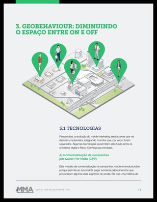11LOCATION BASED MARKETING
3.1 TECNOLOGIAS
Para muitos, a evolução do mobile marketing será a ponte que vai
destruir uma barreira, integrando mundos que, por anos, foram
separados. Algumas tecnologias já permitem esta fusão entre os
universos digital e físico. Conheça as principais.
A] Comercialização de campanhas
por Custo Por Visita (CPV)
Este modelo de comercialização de campanhas mobile é revolucionário
porque permite ao anunciante pagar somente pelos anúncios que
provocaram alguma visita ao ponto de venda. Ele traz uma métrica do
3. GEOBEHAVIOUR: DIMINUINDO
O ESPAÇO ENTRE ON E OFF
 