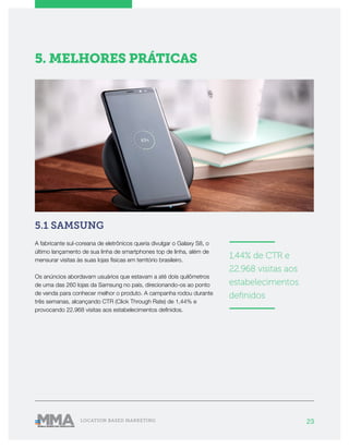 23LOCATION BASED MARKETING
5. MELHORES PRÁTICAS
5.1 SAMSUNG
A fabricante sul-coreana de eletrônicos queria divulgar o Galaxy S8, o
último lançamento de sua linha de smartphones top de linha, além de
mensurar visitas às suas lojas físicas em território brasileiro.
Os anúncios abordavam usuários que estavam a até dois quilômetros
de uma das 260 lojas da Samsung no país, direcionando-os ao ponto
de venda para conhecer melhor o produto. A campanha rodou durante
três semanas, alcançando CTR (Click Through Rate) de 1,44% e
provocando 22.968 visitas aos estabelecimentos definidos.
———————
1,44% de CTR e
22.968 visitas aos
estabelecimentos
definidos
———————
 