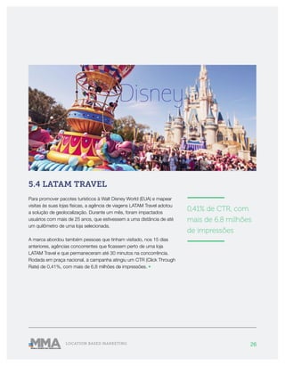 26LOCATION BASED MARKETING
5.4 LATAM TRAVEL
Para promover pacotes turísticos à Walt Disney World (EUA) e mapear
visitas às suas lojas físicas, a agência de viagens LATAM Travel adotou
a solução de geolocalização. Durante um mês, foram impactados
usuários com mais de 25 anos, que estivessem a uma distância de até
um quilômetro de uma loja selecionada.
A marca abordou também pessoas que tinham visitado, nos 15 dias
anteriores, agências concorrentes que ficassem perto de uma loja
LATAM Travel e que permaneceram até 30 minutos na concorrência.
Rodada em praça nacional, a campanha atingiu um CTR (Click Through
Rate) de 0,41%, com mais de 6,8 milhões de impressões. •
———————
0,41% de CTR, com
mais de 6,8 milhões
de impressões
———————
 