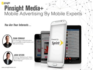 www.pinsightmedia.com!
JOSH SITZER
Director Marketing & Sales!
jsitzer@pinsightmedia.com!
@joshagogo!
!
Pinsight Media+
Mobile Advertising By Mobile Experts!
You Are Your Interests…!
	
  
37!
EVAN CONWAY
VP Strategy & Monetization!
econway@pinsightmedia.com!
@EvanConway!
!
 
