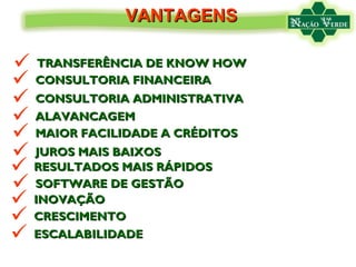 CONSULTORIA FINANCEIRA VANTAGENS TRANSFERÊNCIA DE KNOW HOW ALAVANCAGEM MAIOR FACILIDADE A CRÉDITOS CONSULTORIA ADMINISTRATIVA JUROS MAIS BAIXOS RESULTADOS MAIS RÁPIDOS SOFTWARE DE GESTÃO INOVAÇÃO CRESCIMENTO ESCALABILIDADE 