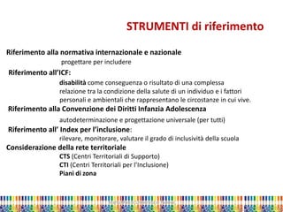 Marta Marchi Università di Padova 
STRUMENTI di riferimento 
Riferimento alla normativa internazionale e nazionale progettare per includere Riferimento all’ICF: disabilità come conseguenza o risultato di una complessa relazione tra la condizione della salute di un individuo e i fattori personali e ambientali che rappresentano le circostanze in cui vive. Riferimento alla Convenzione dei Diritti Infanzia Adolescenza autodeterminazione e progettazione universale (per tutti) Riferimento all’ Index per l’inclusione: rilevare, monitorare, valutare il grado di inclusività della scuola Considerazione della rete territoriale CTS (Centri Territoriali di Supporto) CTI (Centri Territoriali per l’Inclusione) Piani di zona  