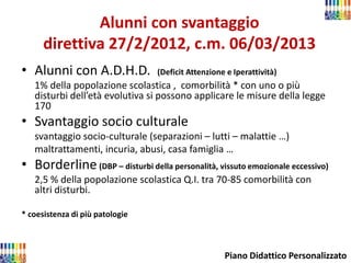 Alunni con svantaggio direttiva 27/2/2012, c.m. 06/03/2013 
•Alunni con A.D.H.D. (Deficit Attenzione e Iperattività) 
1% della popolazione scolastica , comorbilità * con uno o più disturbi dell’età evolutiva si possono applicare le misure della legge 170 
•Svantaggio socio culturale 
svantaggio socio-culturale (separazioni – lutti – malattie …) 
maltrattamenti, incuria, abusi, casa famiglia … 
•Borderline (DBP – disturbi della personalità, vissuto emozionale eccessivo) 
2,5 % della popolazione scolastica Q.I. tra 70-85 comorbilità con altri disturbi. 
* coesistenza di più patologie 
Piano Didattico Personalizzato  