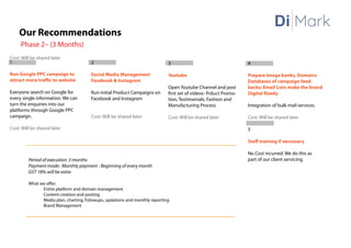 Our Recommendations
Phase 2– (3 Months)
1
Run Google PPC campaign to
attract more traffic to website
Everyone search on Google for
every single information. We can
turn the enquiries into our
platforms through Google PPC
campaign.
Cost: Will be shared later
2
Social Media Management
Facebook & Instagram
Run initial Product Campaigns on
Facebook and Instagram
Cost: Will be shared later
3
Youtube
Open Youtube Channel and post
first set of videos- Prduct Promo-
tion, Testimonials, Fashion and
Manufacturing Process
Cost: Will be shared later
Period of execution: 3 months
Payment mode: Monthly payment - Beginning of every month
GST 18% will be extra
What we offer:
Entire platform and domain management
Content creation and posting
Media plan, charting, Folowups, updations and monthly reporting
Brand Management
4
Prepare Image banks, Domains
Databases of campaign feed-
backs; Email Lists make the brand
Digital Ready.
Integration of bulk mail services.
Cost: Will be shared later
5
Staff training if necessary
No Cost incurred. We do this as
part of our client servicing.
Cost: Will be shared later
Di Mark
 
